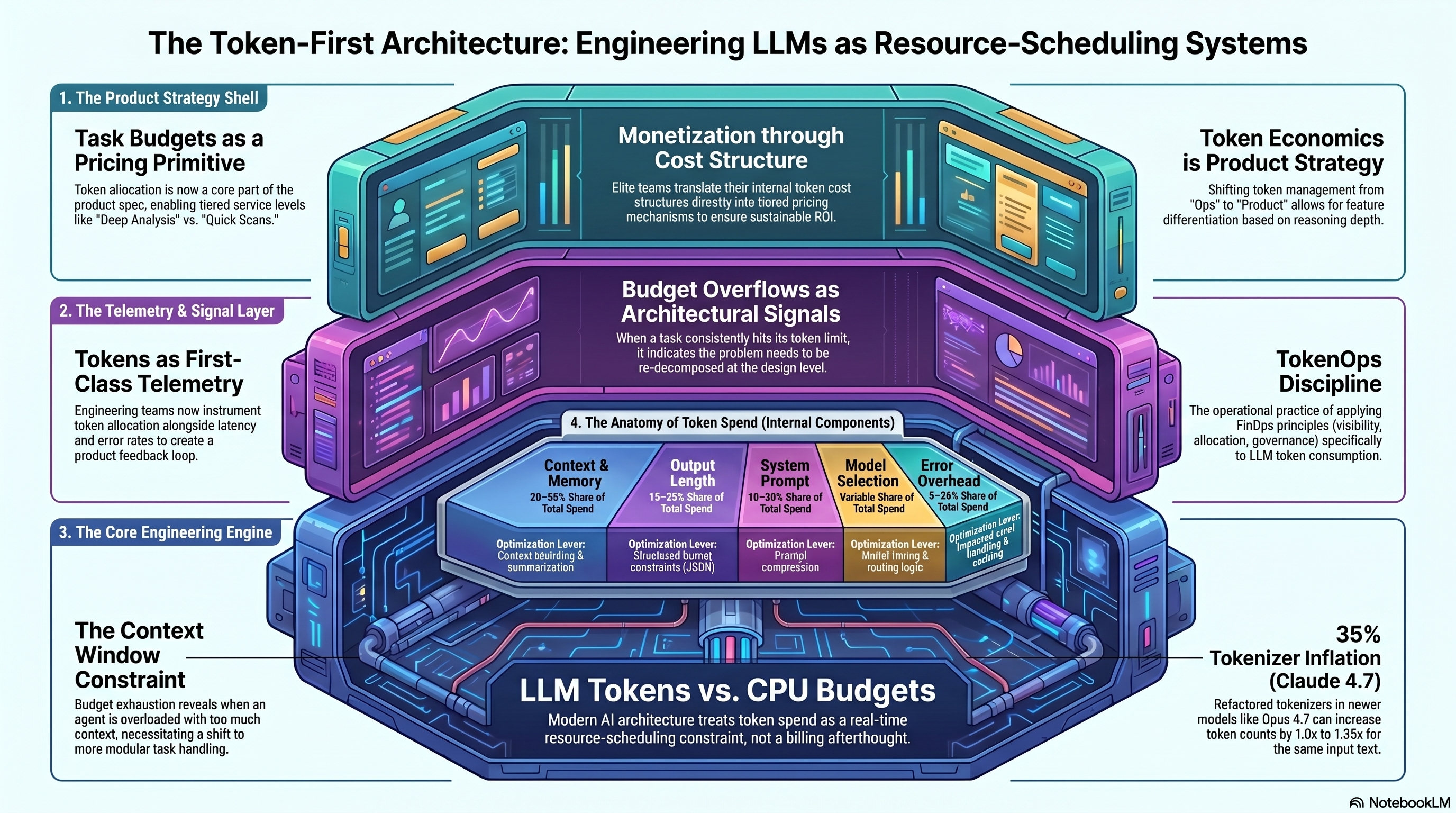 The Token-First Architecture: Engineering LLMs as Resource-Scheduling Systems &mdash; diagram showing the product strategy shell, telemetry and signal layer, core engineering engine, and the anatomy of token spend across context, output, system prompt, model selection, and error overhead.